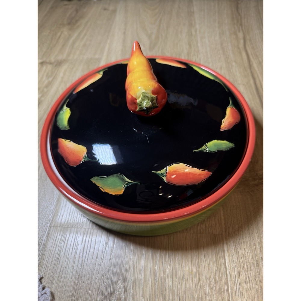 Clay Art Fiesta Yellow Green Red Peppers Black Lidded Covered Tortilla Warmer - Picture 3 of 10
